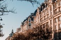 Panoramic view of architectural details of facade in Paris