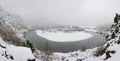 Panoramic view of Arda river in Rodopi Mountains. Kardzali province, Bulgaria, in snowy winter day Royalty Free Stock Photo