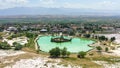 Panoramic view of artificial lake and town Pamukkale, Turkey. Royalty Free Stock Photo