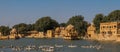 Panoramic view of artistically carved historic temples and shrines around The Lake Gadisar Jaisalmer.India