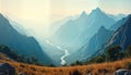 Panoramic view of Asian mountain valley. Misty river flows through valley surrounded by high mountain peaks. Rich vegetation Royalty Free Stock Photo