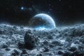 A panoramic view of an asteroid belt orbiting around earth, with planets and moons in the background. the scene is set at nig Royalty Free Stock Photo