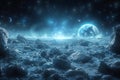 A panoramic view of an asteroid belt orbiting around earth, with planets and moons in the background. the scene is set at nig Royalty Free Stock Photo