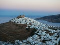 A panoramic view of Astypalaia Chora after sundown
