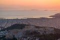 Panoramic view of Athens city from Lykavittos Hill at sunset time