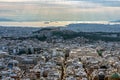 Panoramic view of the Attica basin at sunset as seen from Lycabettus hill. Acropolis with Parthenon temple Royalty Free Stock Photo