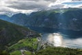 Panoramic view of Aurlandsfjord from Stegastein viewpoint in Sogn og Fjordane county of Norwey Royalty Free Stock Photo