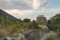 Panoramic view of the back of the Tower of the church of San Sebastian in the mountain Royalty Free Stock Photo