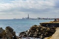 Panoramic view of Badalona, Barcelona, Spain. Skyline of the beach and the towers of the power plant