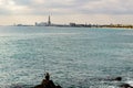 Panoramic view of Badalona, Barcelona, Spain. Skyline of the beach and the towers of the power plant