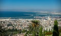 Panoramic view of the Bahai Gardens and of Haifa Bay and Port on the Mediterranean Coast. Haifa, Israel. July 23, 2019. Royalty Free Stock Photo