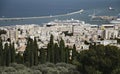 Panoramic view from Bahai Gardens to cityscape and port in Haifa