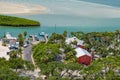 Panoramic view Bar and Grill with small lighthouse on Halifax river coast , from lighthouse 1