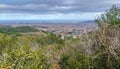 Panoramic view of Barcelona city from the hill, Montjuic side, rainy weather landscape Royalty Free Stock Photo