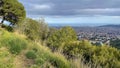 Panoramic view of Barcelona city from the hill, rainy spring weather landscape Royalty Free Stock Photo