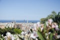 Panoramic view of Barcelona from Park Guell in a summer day in Spain. Top view of picturesque Barcelona cityscape in Royalty Free Stock Photo