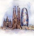 The panoramic view of Barcelona watercolor