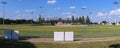 Panoramic view of a baseball field from beyond centerfield