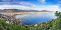 Panoramic view of the bay of the Mediterranean Sea and cityscape with the old historic tower, Alanya, Turkey