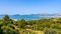 Panoramic view of the bay with port of Palma de Mallorca, mountain range in background Royalty Free Stock Photo