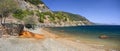 Panoramic view of the beach with a healing spring at the Spa resort in the village of Ilia on the Greek island of Evia in Greece