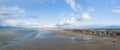 The panoramic view of the beach and the town of Ouistreham on the edge of the English Channel in Europe, France, Normandy, in Royalty Free Stock Photo