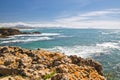 Panoramic view on beautiful atlantic coastline with turquoise ocean and mountains in basque country, biarritz, france Royalty Free Stock Photo