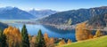 Beautiful autumn scene in the Alps with mountain clear and town of Zell am See Royalty Free Stock Photo
