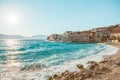 Panoramic view on a beautiful beach of a small town Postira - Croatia, island Brac Royalty Free Stock Photo