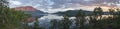 Panoramic view of beautiful blue pink sunrise over the lake dam on river Lulealven in Saltoluokta in Sweden Lapland Royalty Free Stock Photo