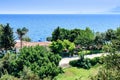 Panoramic view of beautiful blue sea and green trees Antalya, Turkey. Sunny day Royalty Free Stock Photo