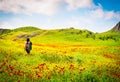 Panoramic view beautiful brunette woman enjoy spring wild nature landscape alone