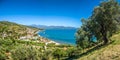 Panoramic view of beautiful coastal landscape at the Cilentan Coast, province of Salerno, Campania, southern Italy Royalty Free Stock Photo