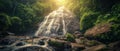 Panoramic view of a beautiful deep forest waterfall in Thailand, surrounded by lush greenery. Ai Generated Royalty Free Stock Photo