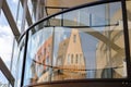 Panoramic view of beautiful houses and rooftops of old city through glass windows of modern art Neues Museum of Nurnberg