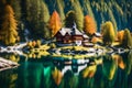Panoramic view of beautiful mountain landscape with beautiful lake, concept of an ideal resting place Royalty Free Stock Photo