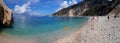 Panoramic view Beautiful Myrtos beach with clear turquoise water on a sunny day in the Ionian Sea on the island of Kefalonia in Royalty Free Stock Photo