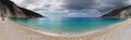 Panoramic view Beautiful Myrtos beach with clear turquoise water on a sunny day in the Ionian Sea on the island of Kefalonia in Royalty Free Stock Photo