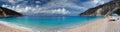 Panoramic view Beautiful Myrtos beach with clear turquoise water on a sunny day in the Ionian Sea on the island of Kefalonia in Royalty Free Stock Photo