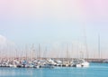 Panoramic View of Beautiful Seascape with Luxury Yachts in Harbor. Turquoise Water Pastel Colors Blue Sky Breezy Airy Atmosphere