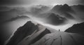 Panoramic view of beautiful snowy peak mountain range during sunset light