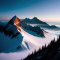 Panoramic view of beautiful snowy peak mountain range during sunset light