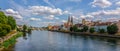 Panoramic view on beautiful Stone Bridge, Cathedral and Old Town. River Danube with colorful reflection, Regensburg Royalty Free Stock Photo