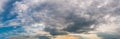 Panoramic view of beautiful thunderclouds. Dramatic dark blue sky background. Rainy weather Royalty Free Stock Photo