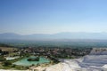 Panoramic view of the beautiful white Travertines terrace of Pamukkale landscape Royalty Free Stock Photo