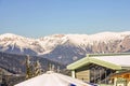 Panoramic view of beautiful winter wonderland mountain scenery in the austrian Alps. Mountains ski resort Semmering - nature backg Royalty Free Stock Photo