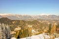 Panoramic view of beautiful winter wonderland mountain scenery in the austrian Alps. Mountains ski resort Semmering - nature and s Royalty Free Stock Photo