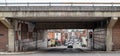 Panoramic view below Milford Street Bridge with murals in Salisbury, Wiltshire, UK