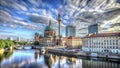 A panoramic view of Berlin, Germany with the iconic Fernsehturm and the Berliner Dom reflected in the water Royalty Free Stock Photo