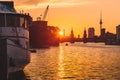 Berlin skyline with old ship wreck in Spree river at dusk, Germany Royalty Free Stock Photo